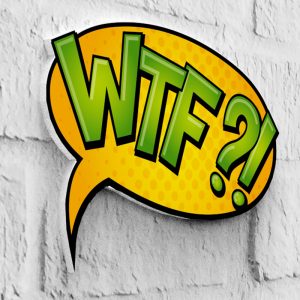 Neón pop art retroiluminado con diseño WTF en blanco cálido