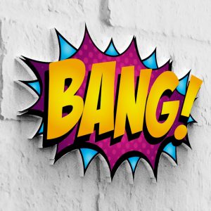 Neón pop art retroiluminado con diseño BANG en blanco cálido